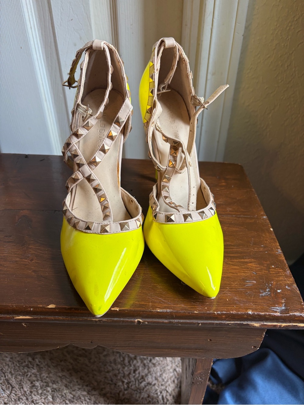 Studded Pointed-Toe Pump in Neon Yellow by